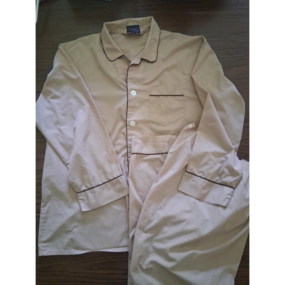 VTG Royal Knight XL Men's Pajamas Pant Set Long Sleeve Tan w Brown Piping 1 spot